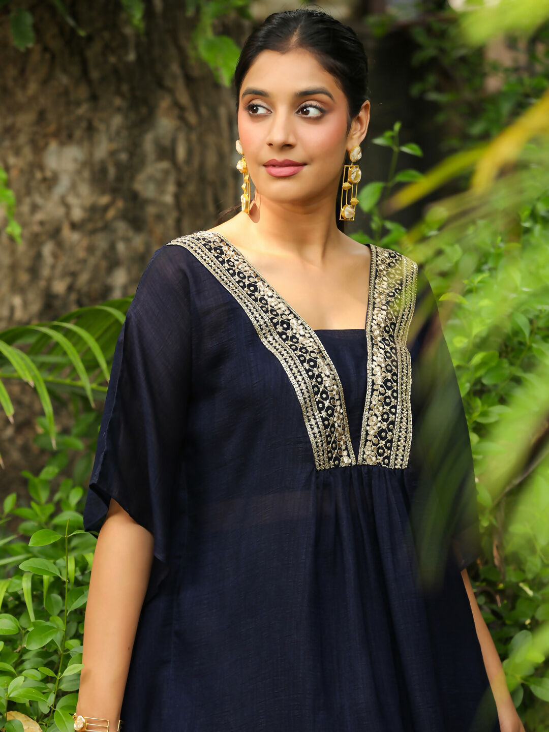 Janasya Navy Blue Silk Blend Yoke Embroidery Co-Ords - Swadesiicart