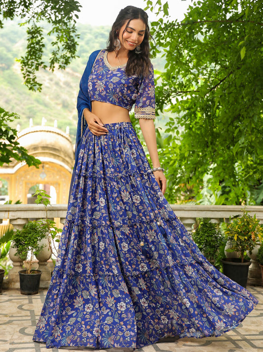 Janasya Blue Georgette Floral Lehenga Choli Dupatta | Swadesiicart