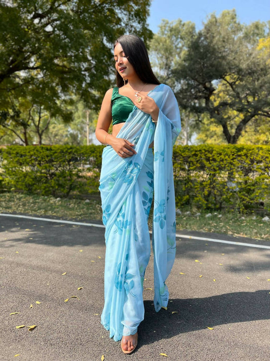 Vamsee Sky Blue Chiffon Designer Saree - Swadesiicart