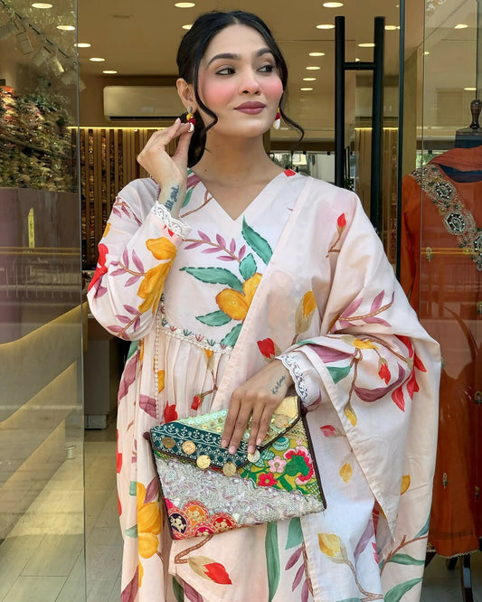 The52 Peach Women's Gorgeous Cotton Fabric Printed Work Straight Kurta Pant and Dupatta Set - Swadesiicart