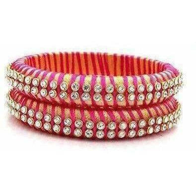 Pink Color Threaded and White Stone Bangles - Set of 2 Bangles - Distacart