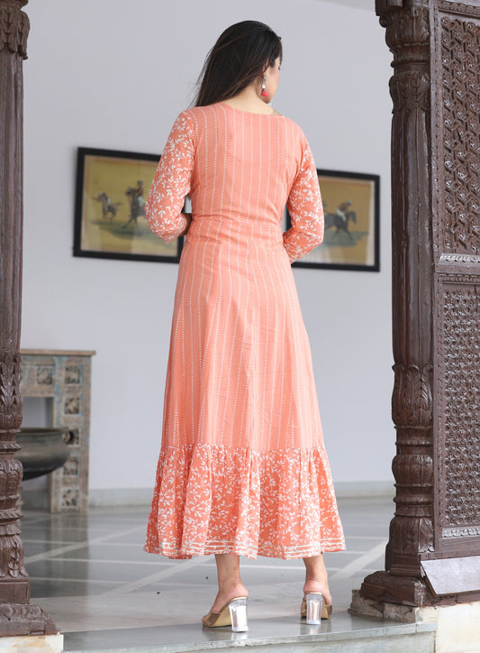 VOJ Women's Peach Rayon Floral Embroidered & Printed Tiered Anarkali Kurta | Swadesiicart