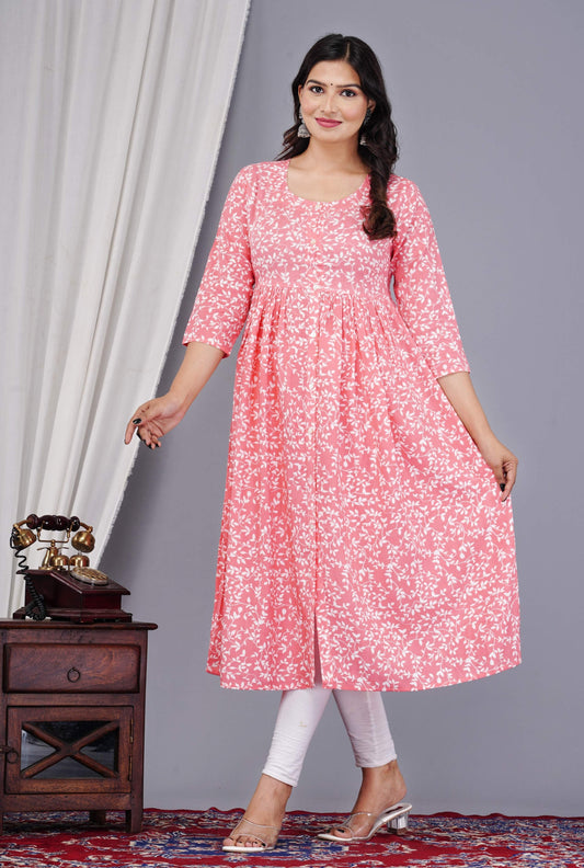VOJ Women's Babypink Rayon Floral Printed Frontsilt Anarkali Kurta | Swadesiicart