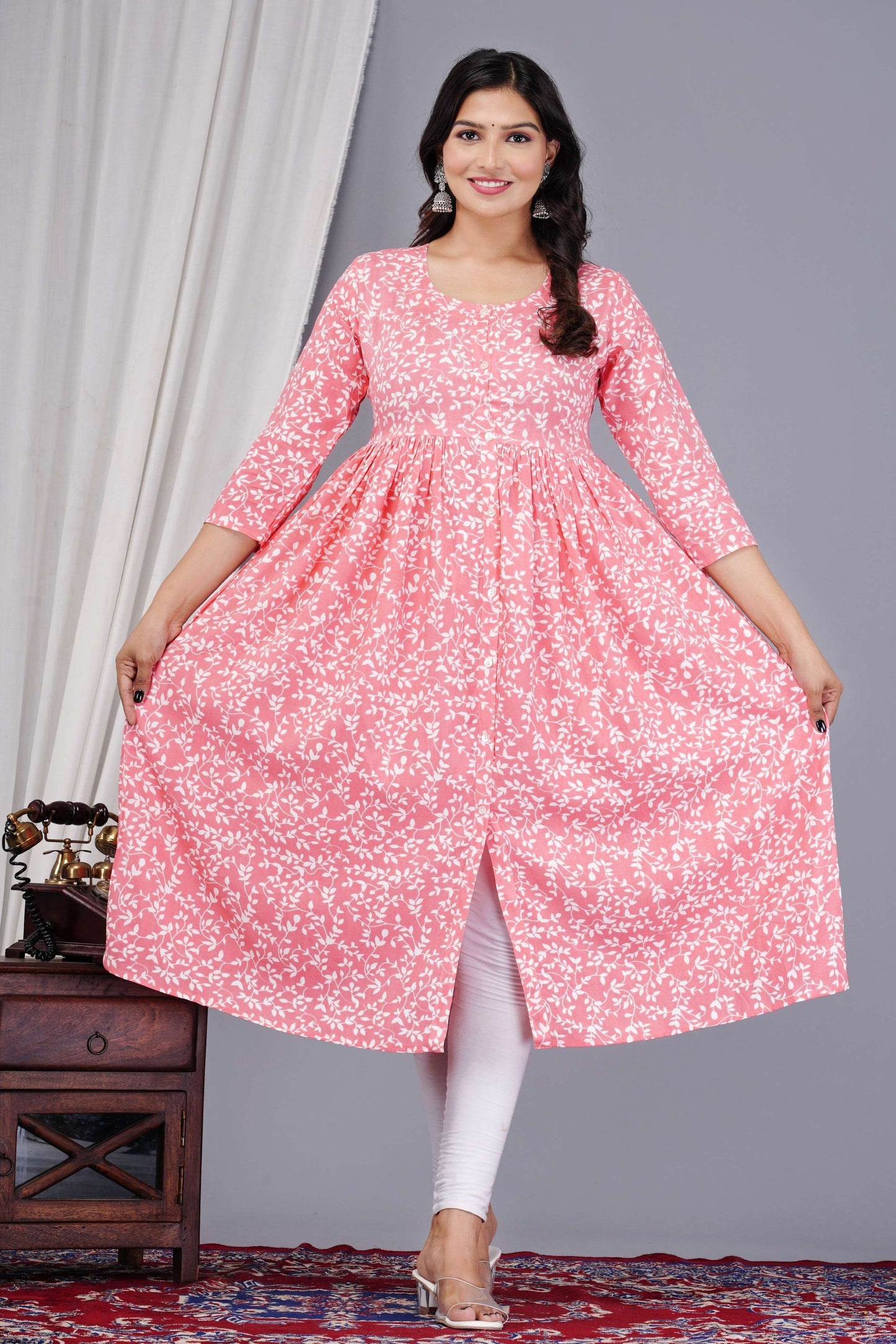VOJ Women's Babypink Rayon Floral Printed Frontsilt Anarkali Kurta | Swadesiicart