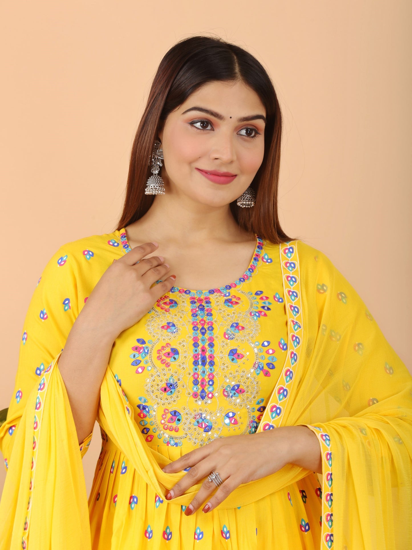 VOJ Women's Yellow Rayon Embroidered Kurta Pant & Dupatta Set (Naira Cut) | Swadesiicart