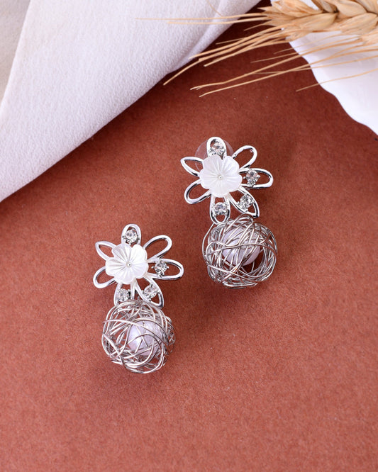 VOJ Women Silver Plated Flower Peral Studs Earrings - Swadesiicart