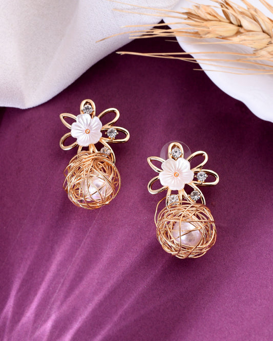 VOJ Women Gold-Polished Flower Peral Studs Earrings