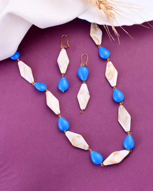 VOJ Women Sky Blue And White Beads Necklace And Earrings Set - Swadesiicart