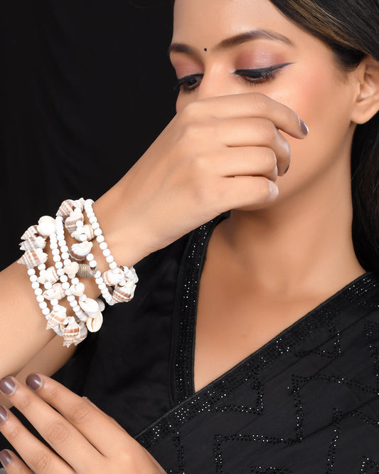 VOJ Women Silver Tone White Artificial Beads Bracelet - VOJ (Valley Of Jewellery)