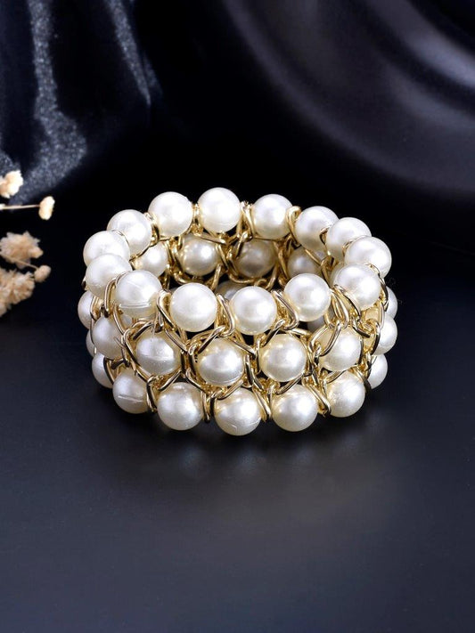 VOJ Women White and Gold Toned Pearls Gold-Polished Multi Strand Bracelet