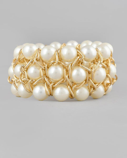 VOJ Women White and Gold Toned Pearls Gold-Polished Multi Strand Bracelet - VOJ (Valley Of Jewellery)