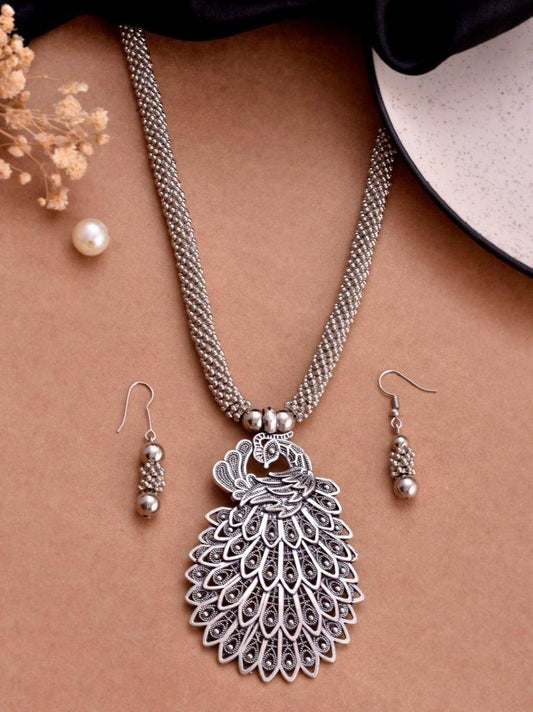 VOJ Women Oxidised Silver-Plated Peacock Jewellery Set - Swadesiicart