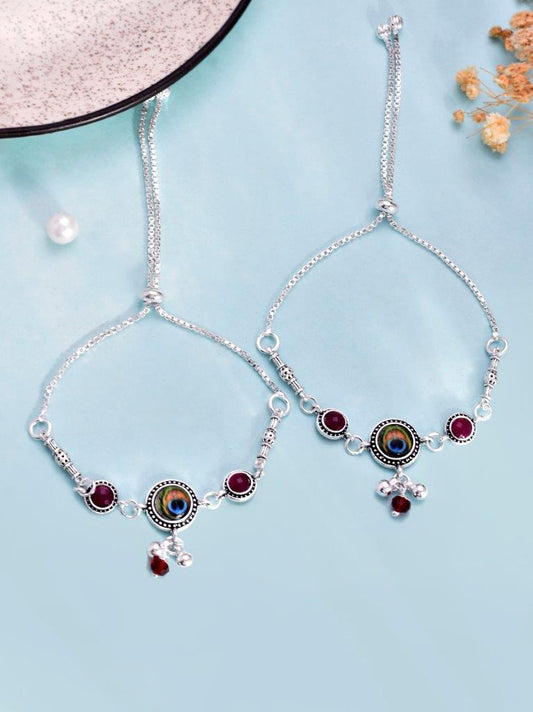 VOJ Pack of 2 Silver Plated Peacock Anklets - Swadesiicart