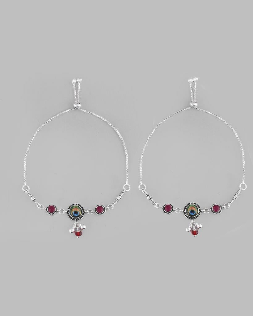 VOJ Pack of 2 Silver Plated Peacock Anklets - Swadesiicart