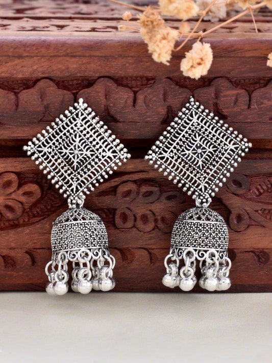 VOJ Silver Plated Oxidised Jhumka - Swadesiicart