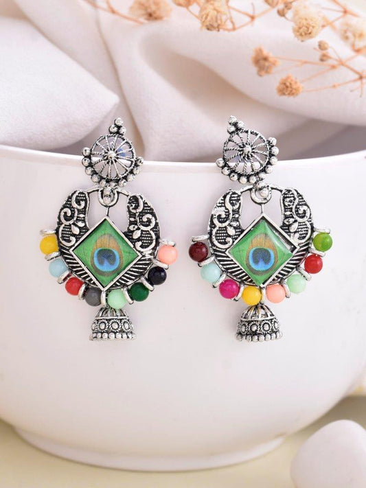 VOJ Silver Plated Peacock Contemporay Jhumka Earrings - Swadesiicart