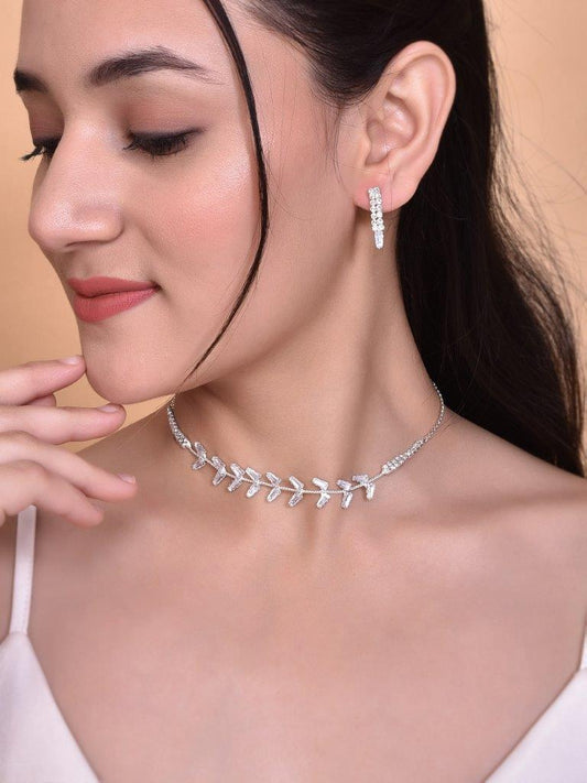 VOJ Silver Plated AD-Studded Necklace & Earrings Set - VOJ (Valley Of Jewellery)