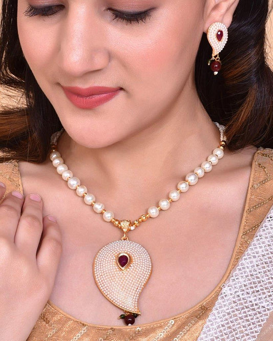 VOJ Gold-Polished Kundan Studsed And Beaded Necklace and Earring Set - VOJ (Valley Of Jewellery)