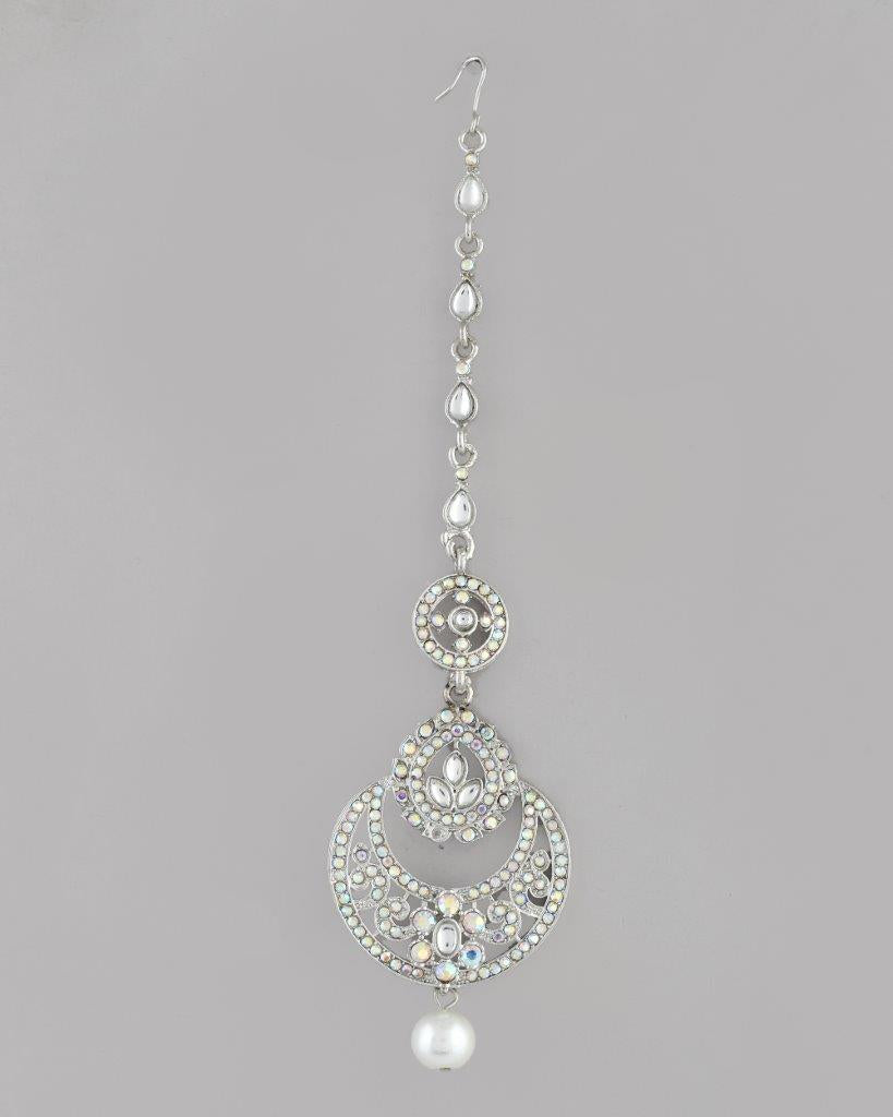 VOJ Silver Plated White AD-Studded Handcrafted Maang Tikka - Swadesiicart