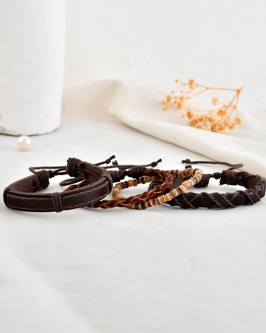VOJ Men Set of 4 Brown Leather Wrap around Bracelet - Swadesiicart