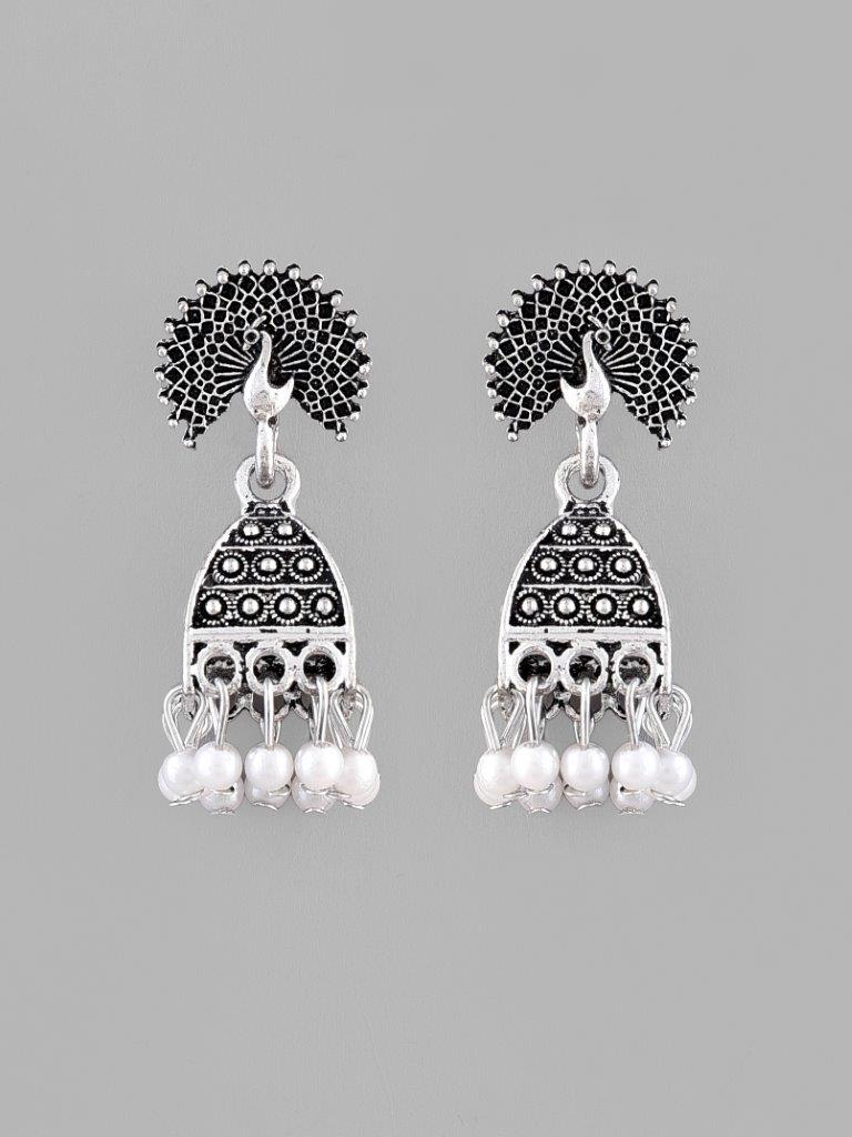 VOJ White Beads Studded Oxidised Silver Plated Contemporary Jhumka - Swadesiicart
