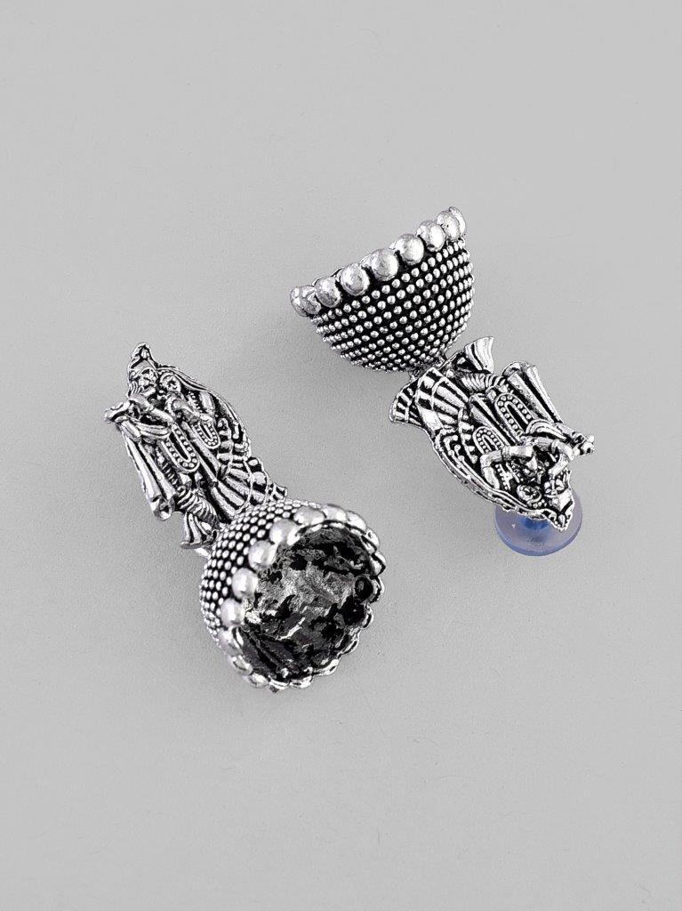 VOJ Kanha Studded Oxidised Silver Plated Contemporary Jhumka - Swadesiicart