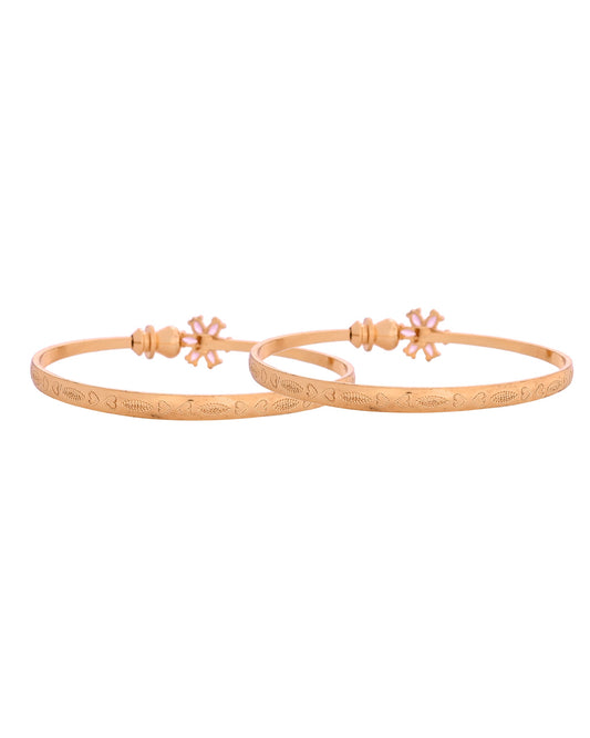 VOJ Set Of 2 Gold Polished Pink Stone Studded Floral Shaped Bangles