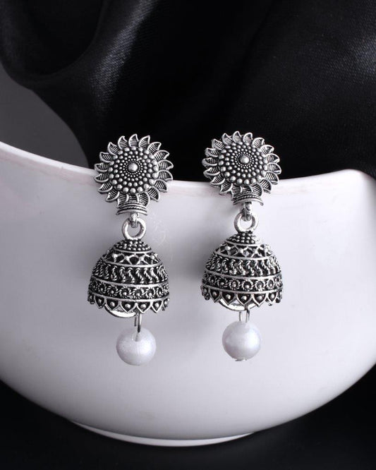VOJ White Bead Studded Circular Oxidised Silver Plated Contemporary Jhumka - Swadesiicart
