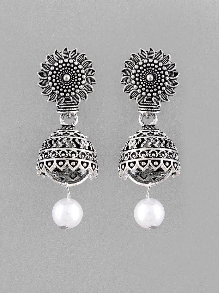 VOJ White Bead Studded Circular Oxidised Silver Plated Contemporary Jhumka - Swadesiicart