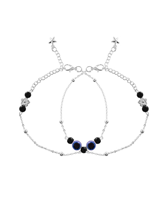 VOJ Set of 2 Silver Plated Evil Eye Beaded Anklet - Swadesiicart