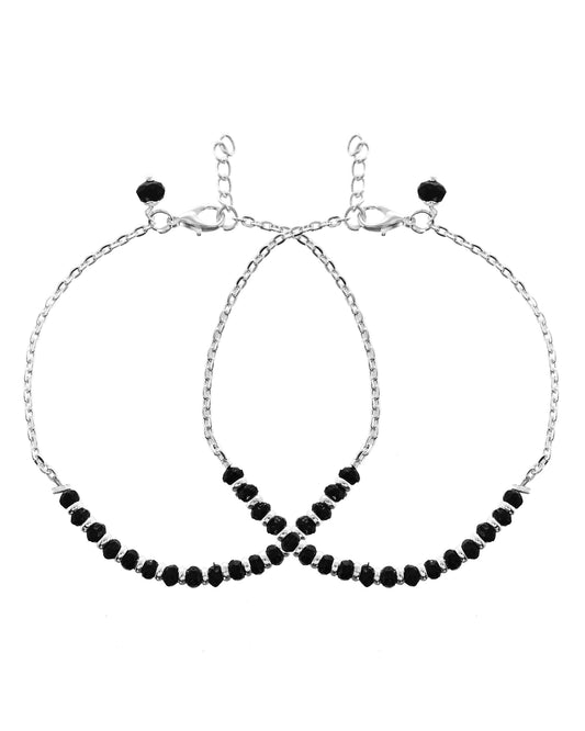VOJ Set Of 2 Silver-Plated Artificial Beads Stainless Steel Anklet