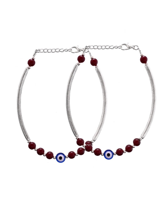 VOJ Set of 2 Silver Plated Artificial Beads Studded Evil Eye Anklet
