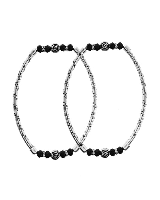 VOJ Set of 2 Silver Tone Stainless Steel Artificial Beads Elasticated Anklet - Swadesiicart