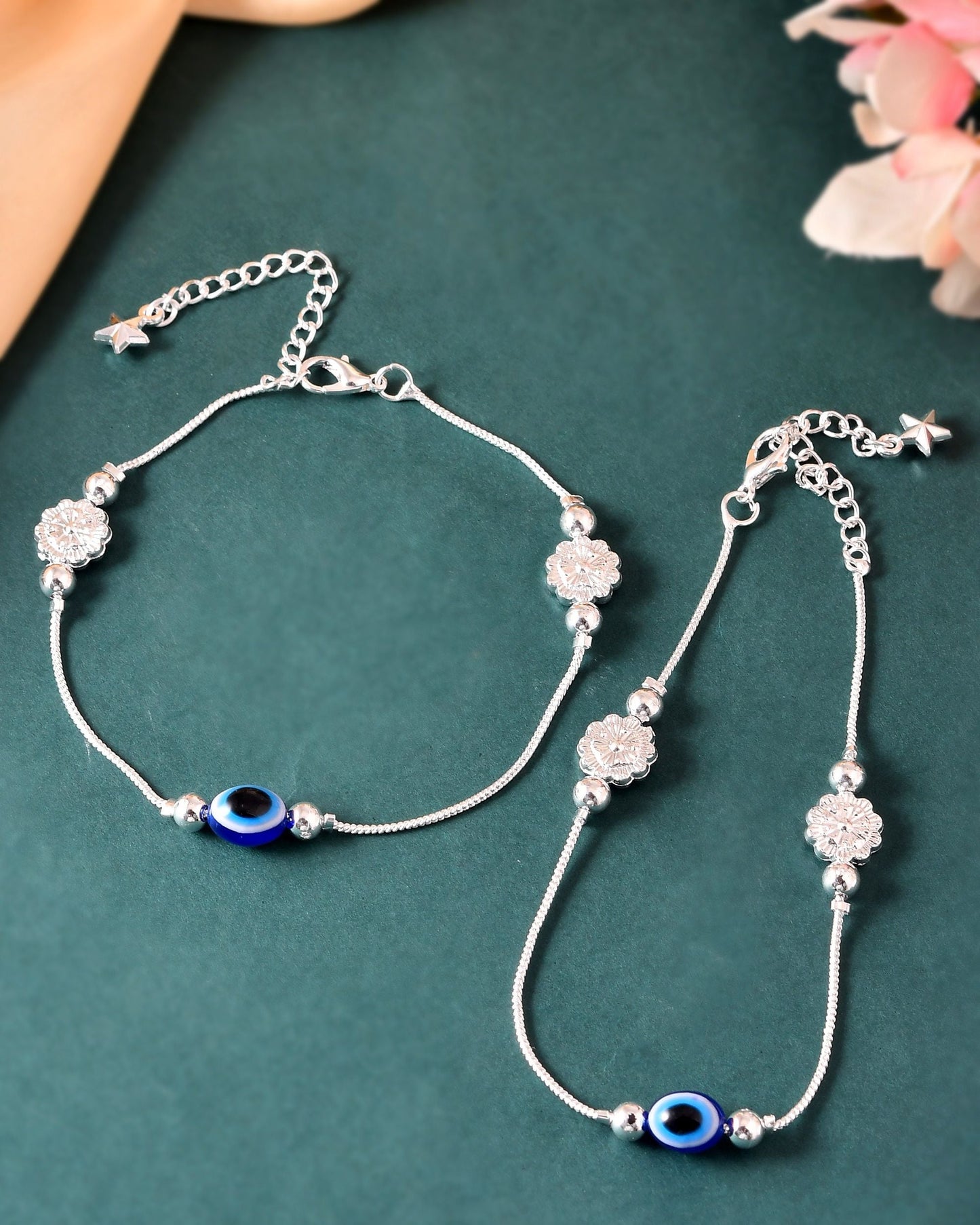 VOJ Set of 2 Silver Plated Evil Eye Bead Studded Stainless Steel Anklet - Swadesiicart