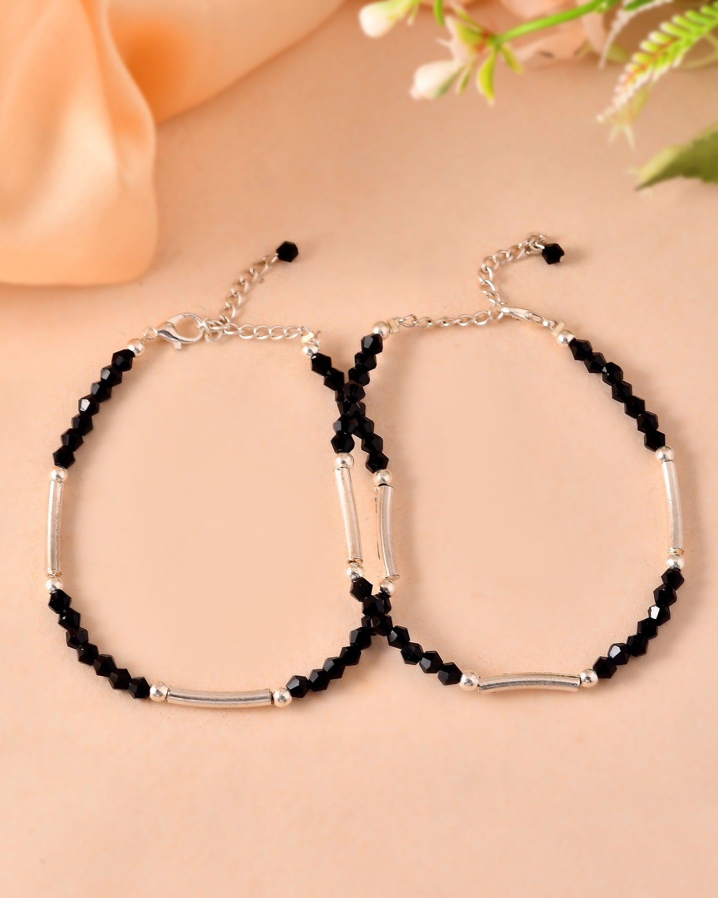 VOJ Set of 2 Black Artificial Beads Studded Anklet - Swadesiicart