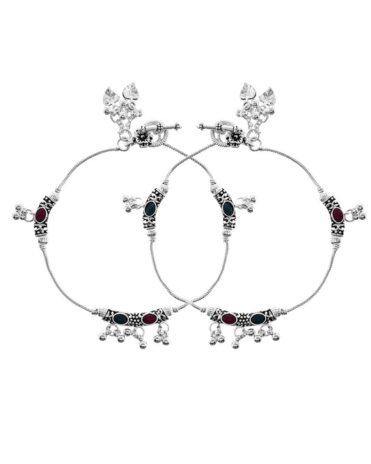 VOJ Set of 2 Silver Toned Meenakari Designed Stainless Steel Anklet - Swadesiicart