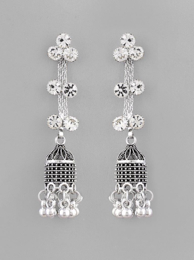 VOJ Studded Oxidised Silver Plated Contemporary Drop Earrings - Swadesiicart