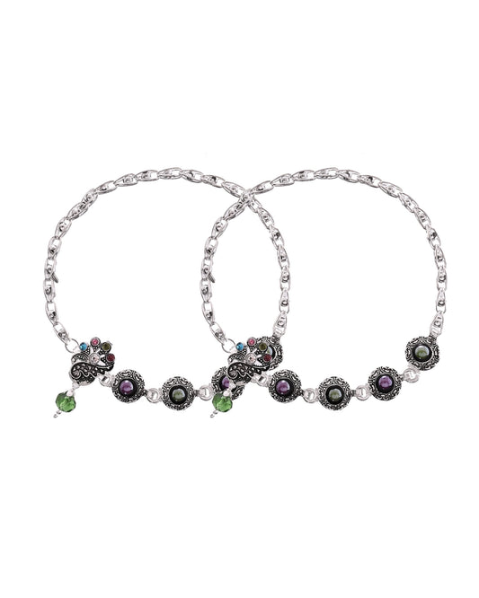 VOJ Set of 2 Handcrafted Stone Studded oxidized Anklet