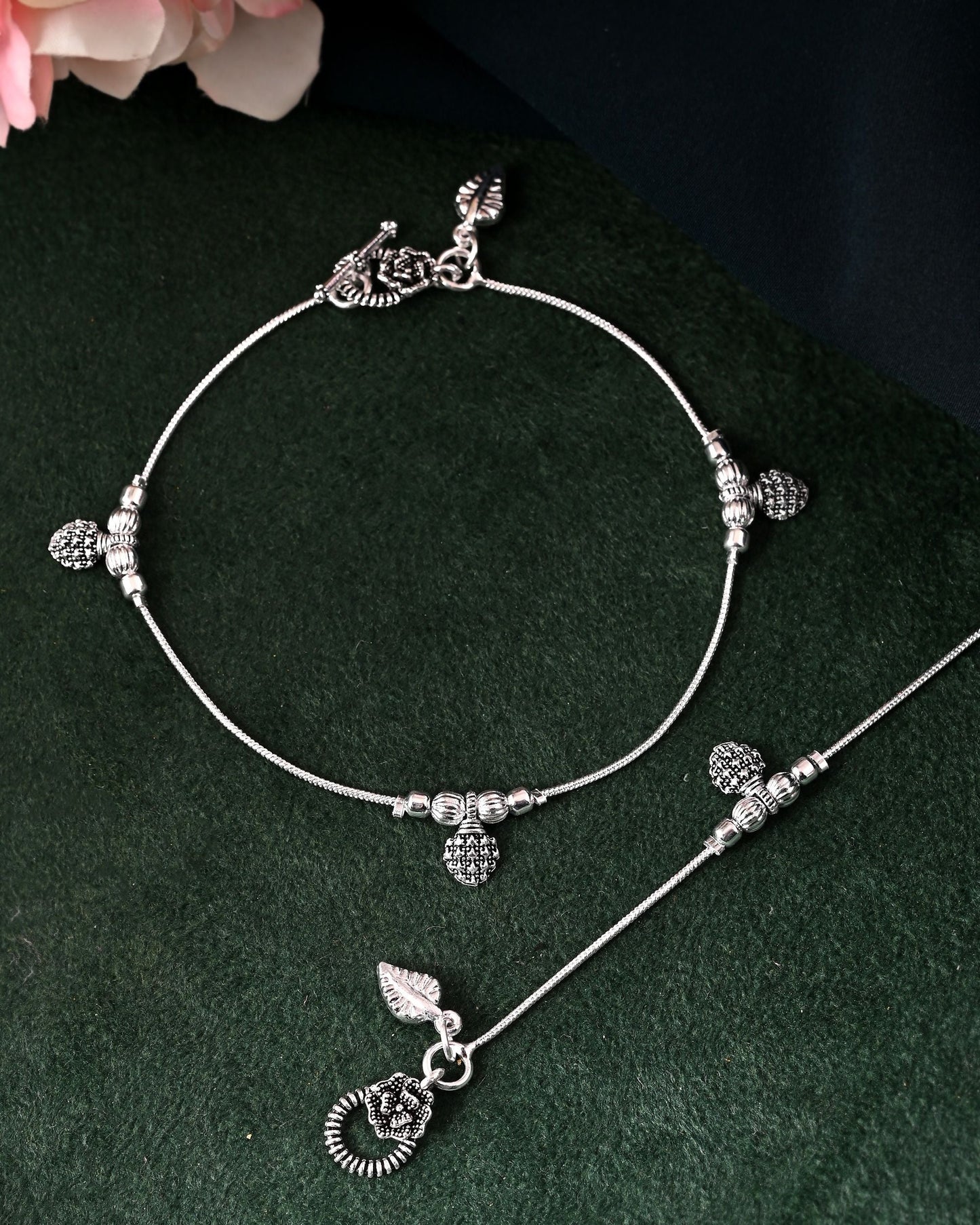 VOJ Set of 2 Silver Plated Leaf Designed Anklet - Swadesiicart