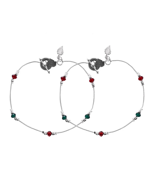 VOJ Set of 2 Silver Toned Handcrafted Artificial Beads Designer Anklet - Swadesiicart