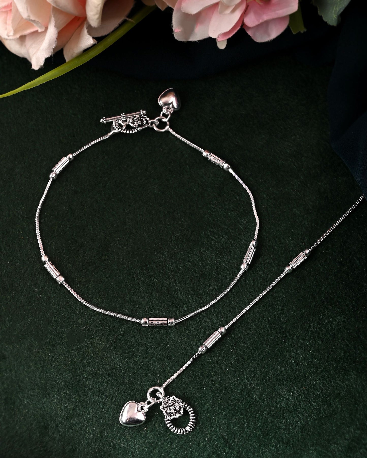 VOJ Set of 2 Silver Plated Pipe Shaped Handcrafted Anklet - Swadesiicart