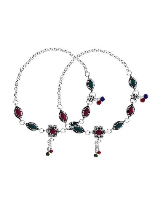 VOJ Set of 2 Silver Plated Floral Shaped Stone Studded Anklet