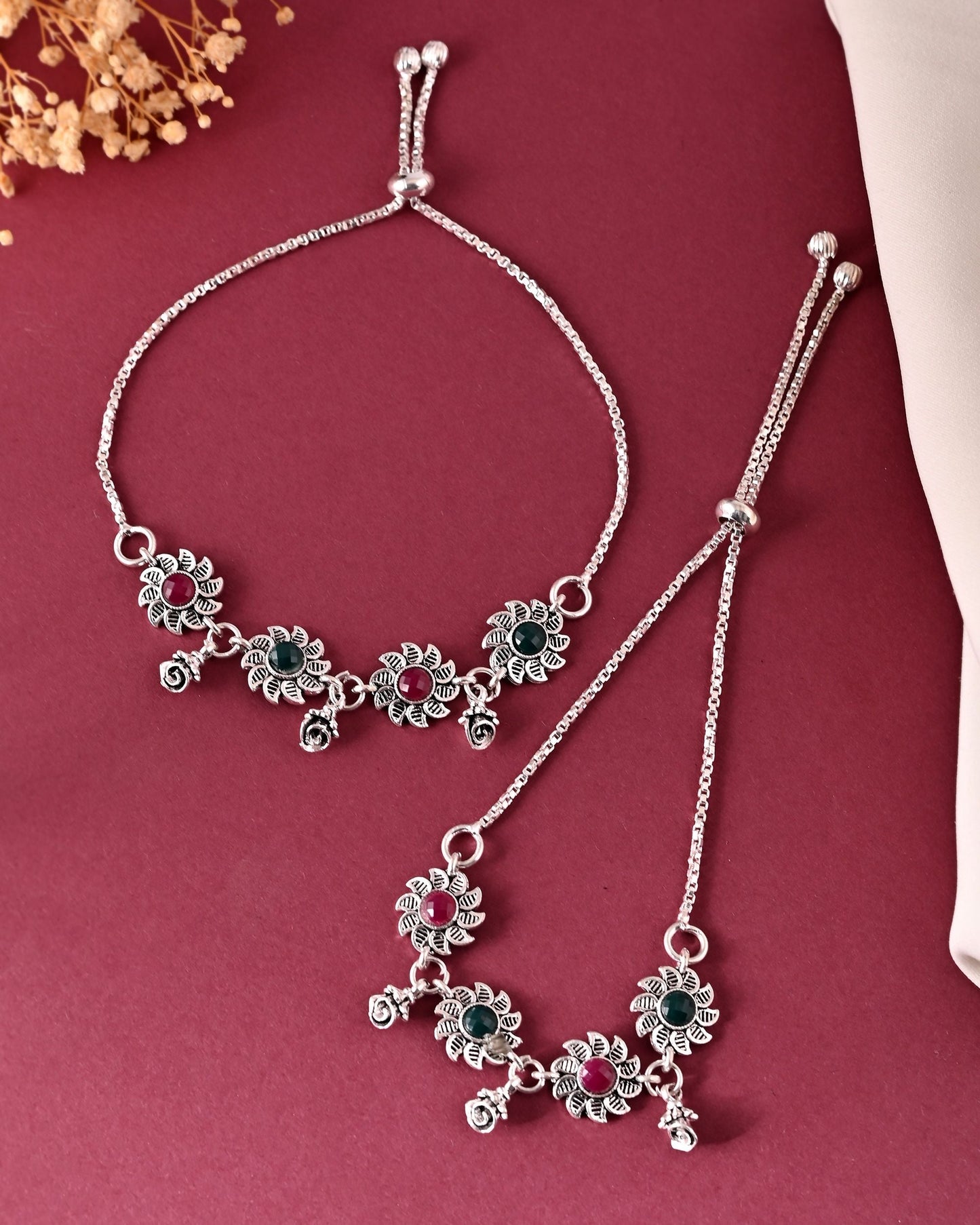 VOJ Set of 2 Silver Plated Floral Designed Stone Studded Anklet - Swadesiicart