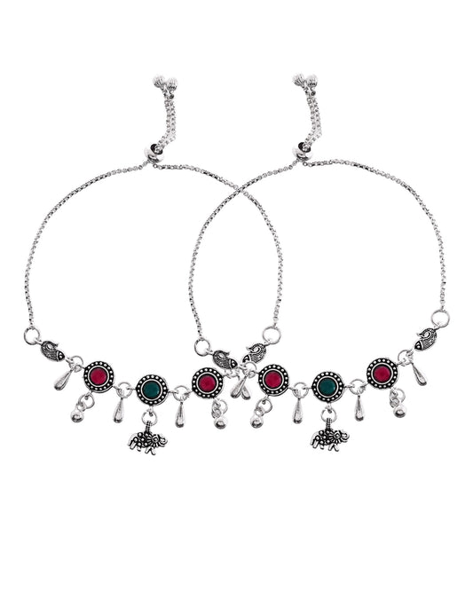 VOJ Set of 2 Silver Plated Stone Studded Designer Anklet - Swadesiicart