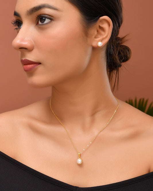 VOJ Gold Polished Stainless Steel White Pearl Studded Chain Set - Swadesiicart
