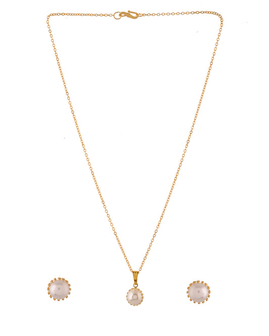 VOJ Gold Polished Stainless Steel White Pearl Studded Chain Set - Swadesiicart
