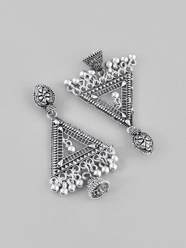 VOJ Studded Triangle Oxidised Silver Plated Contemporary Drop Earrings - Swadesiicart