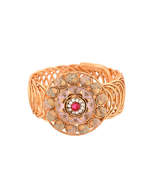 VOJ Stainless Steel Gold Polished Kundan Studded Wraparound Circular Bracelet - Swadesiicart