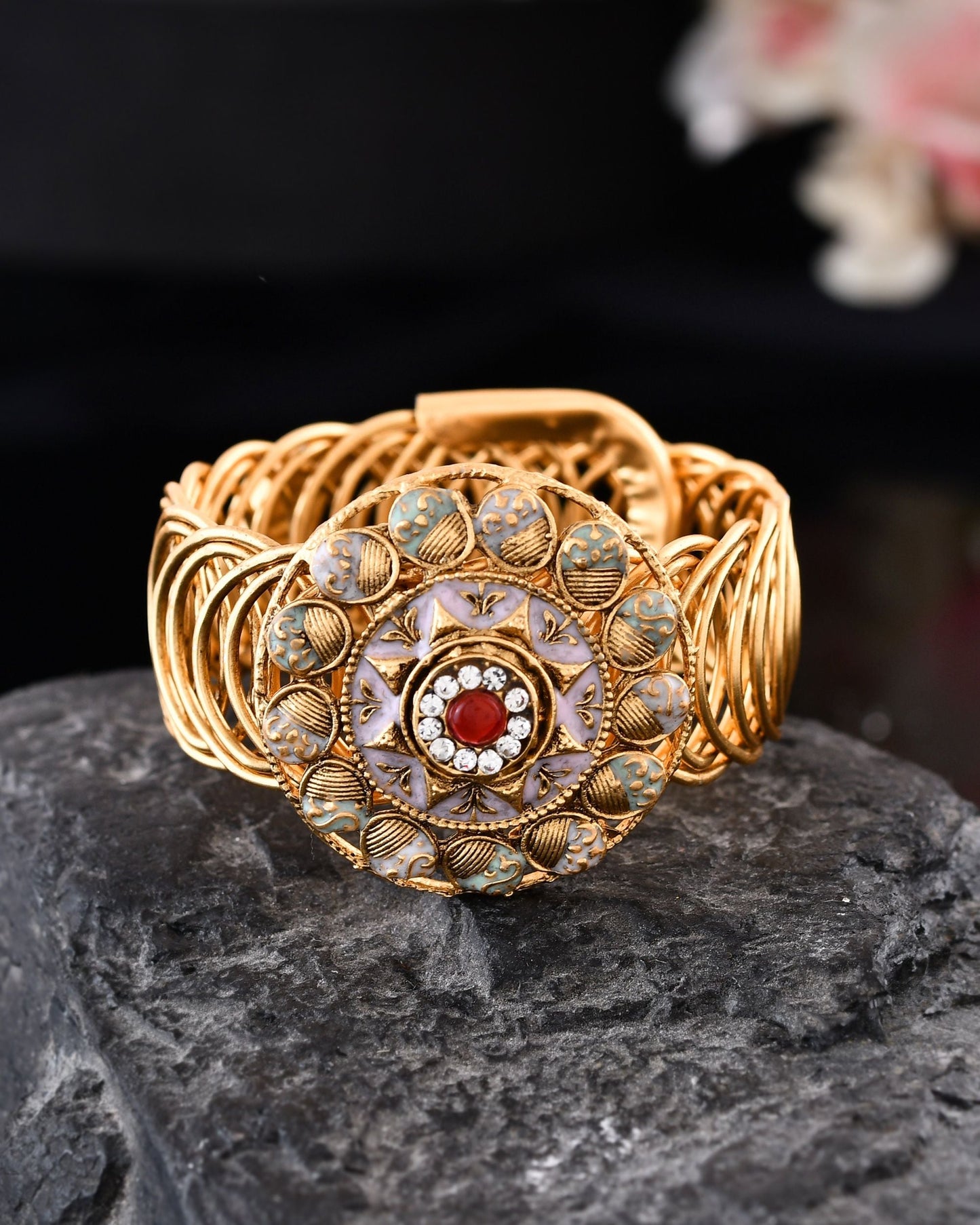 VOJ Stainless Steel Gold Polished Kundan Studded Wraparound Circular Bracelet - Swadesiicart