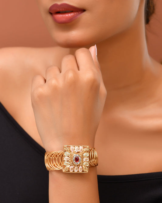 VOJ Stainless Steel Gold Polished Kundan Studded Wraparound Square Bracelet - Swadesiicart